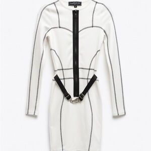 Manière De Voir White Waist Snatching Bodycon Zip Front Mid Dress- Size Small